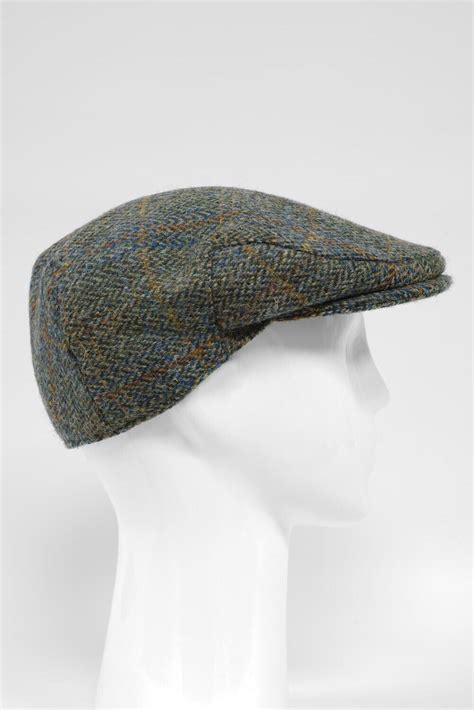 Harris Tweed Flat Cap Green Herringbone With Overcheck Harris Tweed