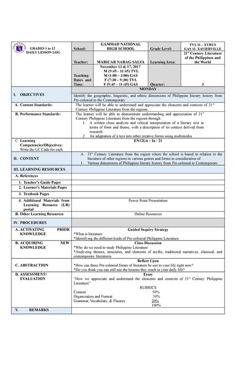 En12lit Ia 21a Daily Lesson Log Grades 1 To 12 Daily Lesson Log School Gammad National