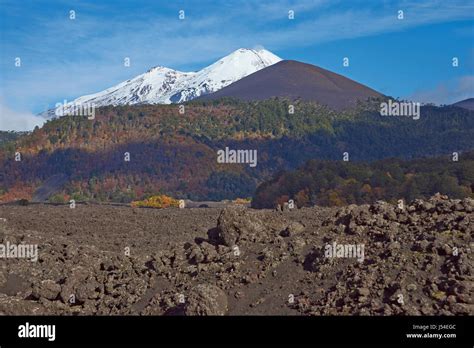 Snow Capped Peak Of Volcano Llaima 3125 Meters Rising Above The Lava