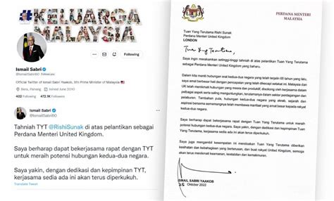 Ismail Sabri Hantar Surat Bahasa Melayu Ucap Tahniah Kepada Rishi Sunak