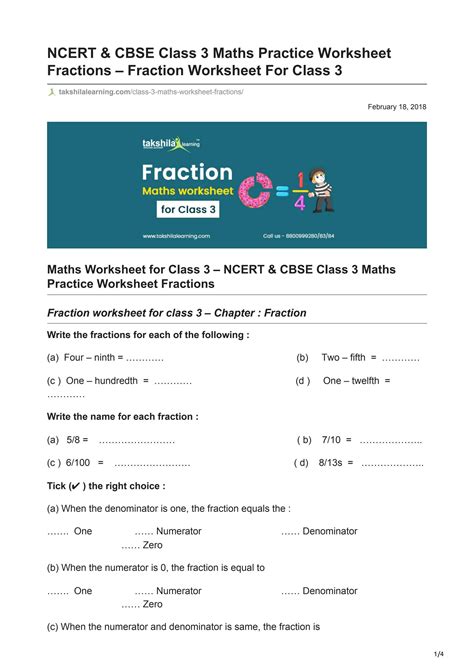 Ncert Cbse Class 3 Maths Fractions Worksheet By Takshila Learning