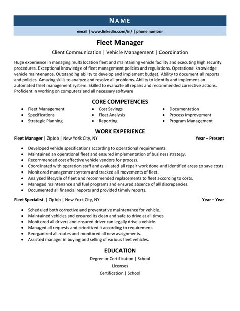 Fleet Manager Resume Example Tips And Tricks Zipjob