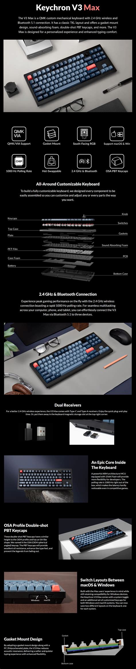 Keychron V Max Qmk Custom Hot Swap Wireless Mechanical Keyboard Knob Version Brown Switch