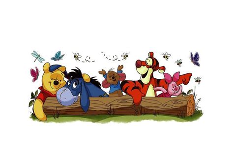 Winnie The Pooh And Her Friends Are Sitting On A Log With Butterflies