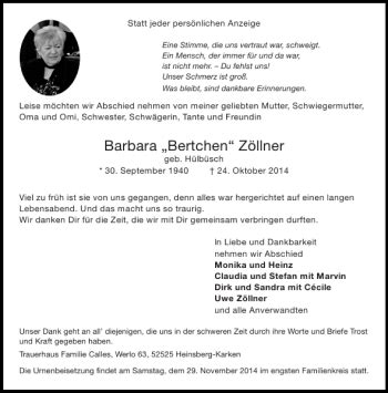 Traueranzeigen von Barbara Bertchen Zöllner Aachen gedenkt