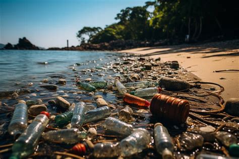 Beach Pollution Depicted With Plastic Bottles And Trash Littering The