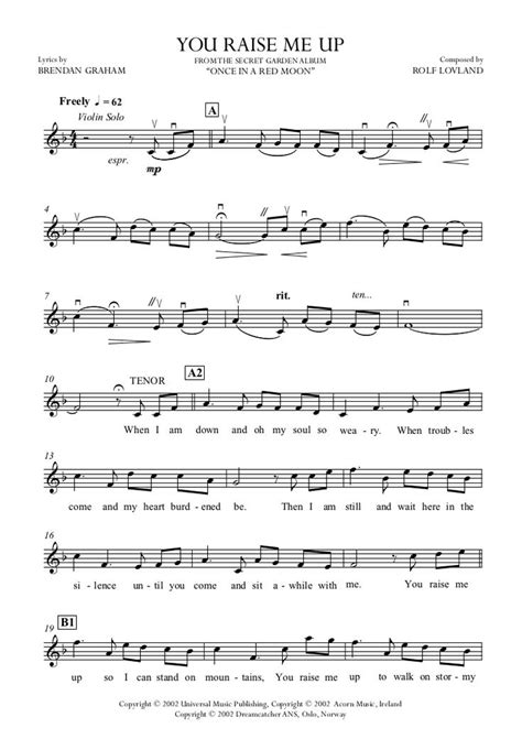 You Raise Me Up Sheet Music Solo Pno Choir Violin Sheet Music Violin