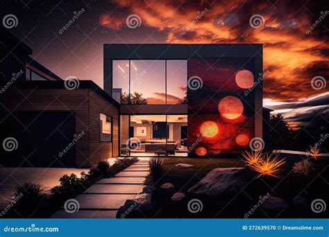 Warm Glow of Lights Against the Night Sky, with a View of a Modern House Exterior Stock ...