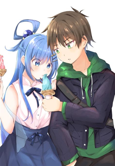 Safebooru 1boy 1girl Aqua Konosuba Bag Black Jacket Blue Eyes Blue Hair Blue Ribbon Blue