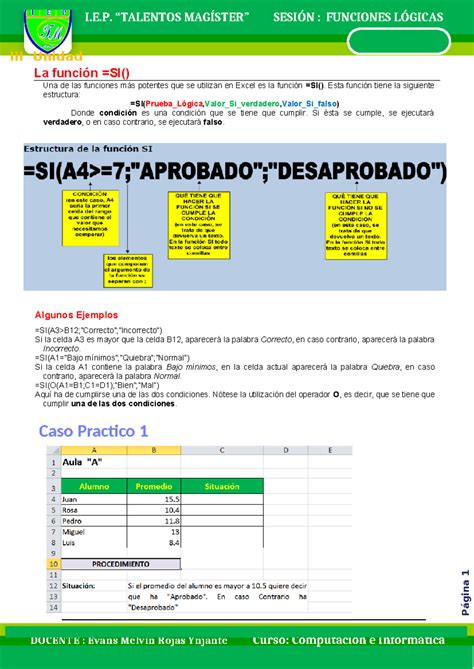 Función Si Práctica Guiada III Unidad Página 1 La función SI Una