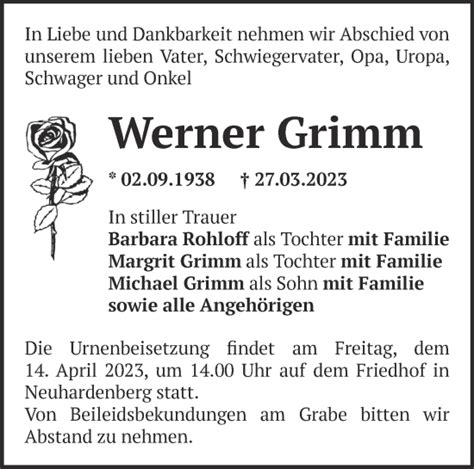 Traueranzeigen Von Werner Grimm M Rkische Onlinezeitung Trauerportal