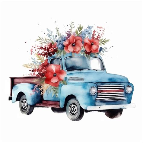 Premium Ai Image Vintage Truck With Flowers Watercolor Hand Drawn