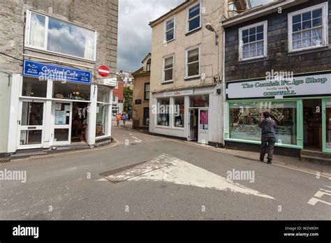 Road Junction With Shops In Mevagissey Cornwall Stock Photo Alamy