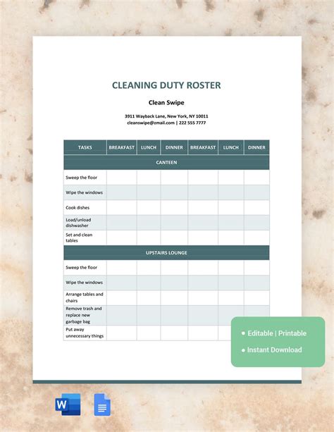 Cleaning Duty Roster Template in Google Docs, Word - Download ...