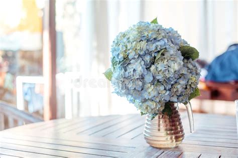 Bouquet Of Blue Hydrangeas In A Vase On The Table Stock Photo Image