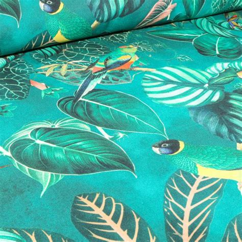 Tissu Toile De Coton Demi Panama Premium Feuilles Tropical Et Toucan