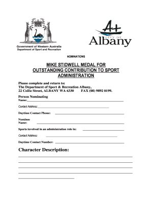 Fillable Online Mike Stidwell Medal Nomination Form