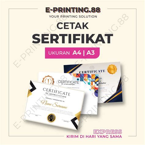 Jual Cetak Sertifikat Penghargaan Piagam Linen Jepang A4 A3 Silky Paper