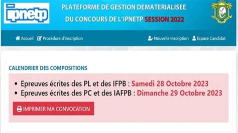 Concours D Entrée A L IPNETP 2023 Calendrier Des Compositions