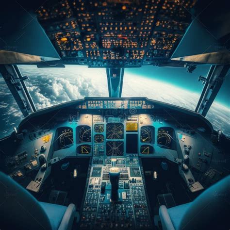 Cockpit Of Airplane Inside View Flight Deck Of Modern Aircraft