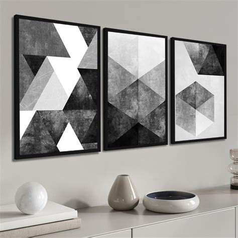 Kit 3 Quadros Geométricos Abstratos Preto e Branco Decoração