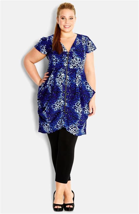 City Chic Pool Leopard Print Front Zip Pleat Tunic Plus Size