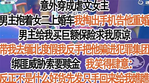 意外穿成虐文女主。男主抱着女二上婚车，我掏出手机告他重婚。给我买巨额保险求我原谅，带我去缅北度假，我反手把他骗进犯罪集团。绑匪威胁索要赎金我笑