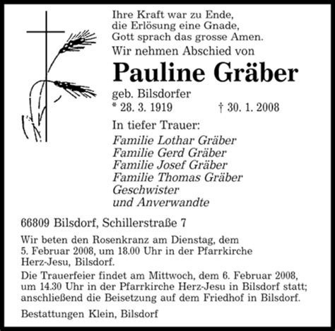 Traueranzeigen Von Pauline Gr Ber Saarbruecker Zeitung Trauer De