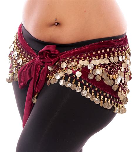 1x 4x Plus Size Velvet Belly Dance Gold Coin Hip Scarf Belt In Burgundy