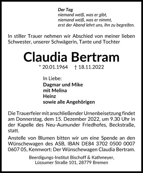 Traueranzeigen Von Claudia Bertram Trauer Gedenken