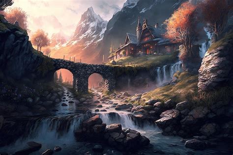 Premium Photo Fantasy Dwarven Village In The Mountains Next To A