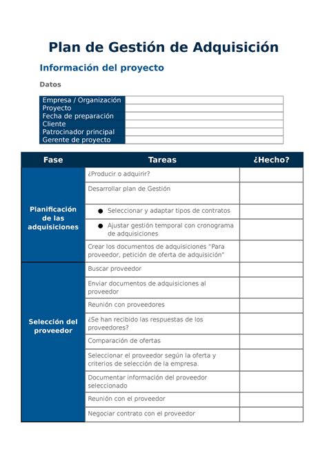 Plantilla Plan De Gesti N De Adquisiciones Plan De Gesti N De