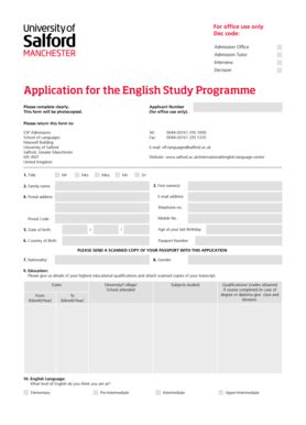 Fillable Online Salford Ac English Study Programme Application Form