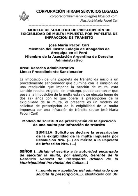 Modelo Solicitud De Prescripci N De Papeleta De Infracci N De Tr Nsito