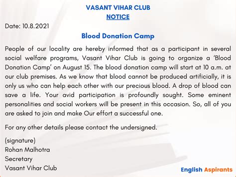 Blood Donation Camp Notice Writing For Students 3 Examples