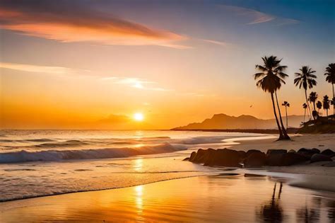 Un Atardecer Con Palmeras Y Un Atardecer De Fondo Foto Premium