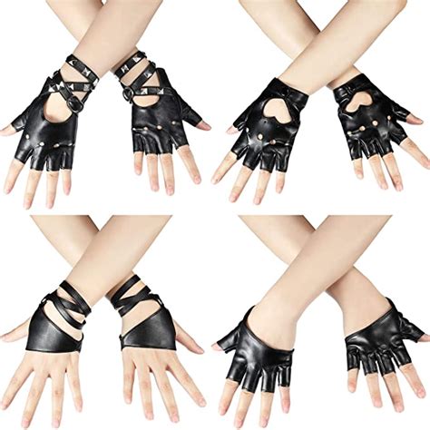 Norme 4 Pairs Women Punk Rivets Belt Half Finger Gloves Pu Leather Performance Gloves Dance