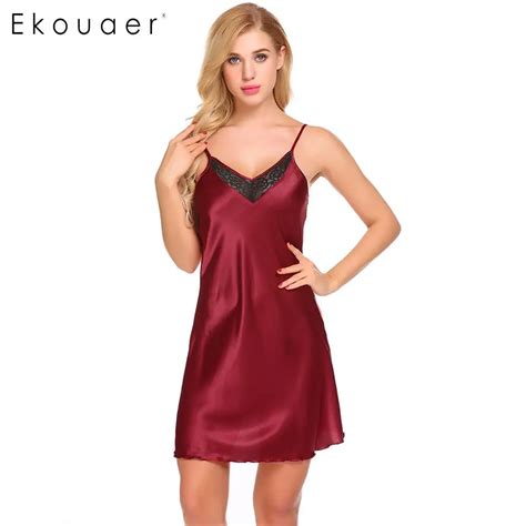 Ekouaer Women Sexy Chemises Nightdress Spaghetti Strap Lace Patchwork V