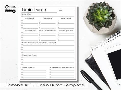 Editable ADHD Brain Dump Printable ADHD Planner To Do List Etsy