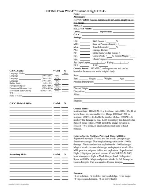 Rifts Character Sheet Cosmo Knight Pdf Pdf Leisure Nature