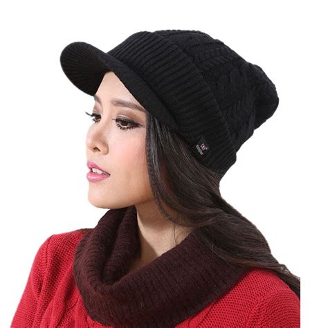 Womens Warm Bill Winter Hats Slouchy Cable Knitted Beanie Cap With