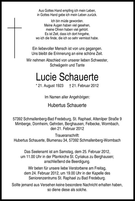 Traueranzeigen Von Lucie Schauerte Trauer In NRW De