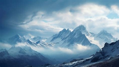 Premium Photo Majestic Snowcapped Mountain Peaks With Misty Clouds