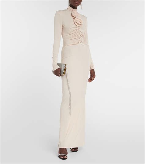 Floral appliqué ruched jersey gown in beige Magda Butrym Mytheresa