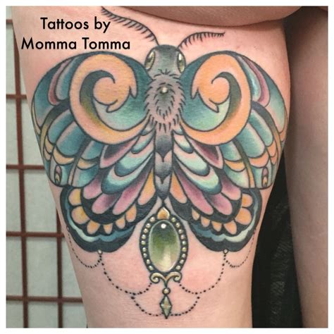 Jeweled Moth Tattoo By Momma Tomma Tattoos Tattoo Portfolio Moth Tattoo