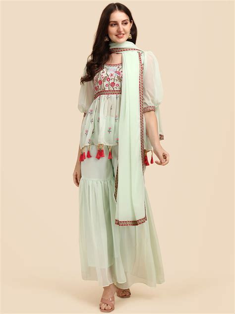 Buy KALINI Floral Embroidered Round Neck Thread Work A Line Kurta With