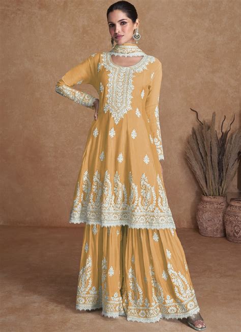 Buy Yellow Art Silk Embroidered Sharara Suit Party Wear Online At Best