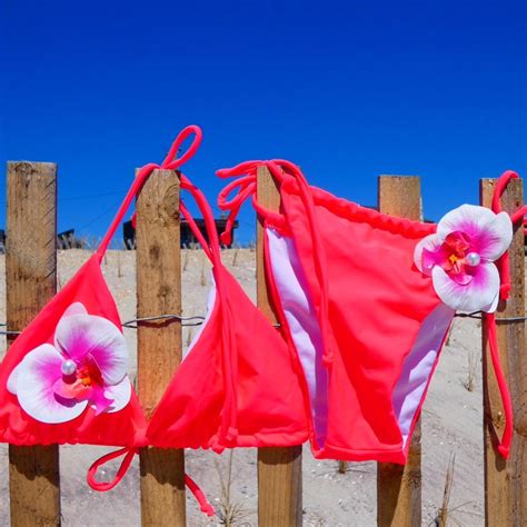 Hot pink bikini with floral appliqué beachyvibes Depop