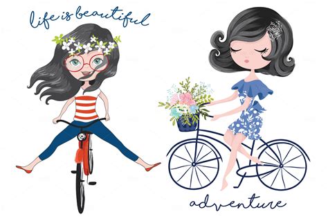 Girl with bike.Cartoon characters. | Animal Illustrations ~ Creative Market