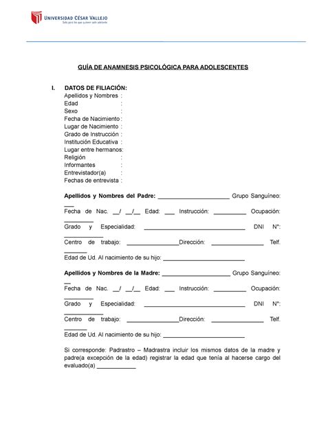 GUÍA DE Anamnesis Psicológica Adolescentes GUÍA DE ANAMNESIS